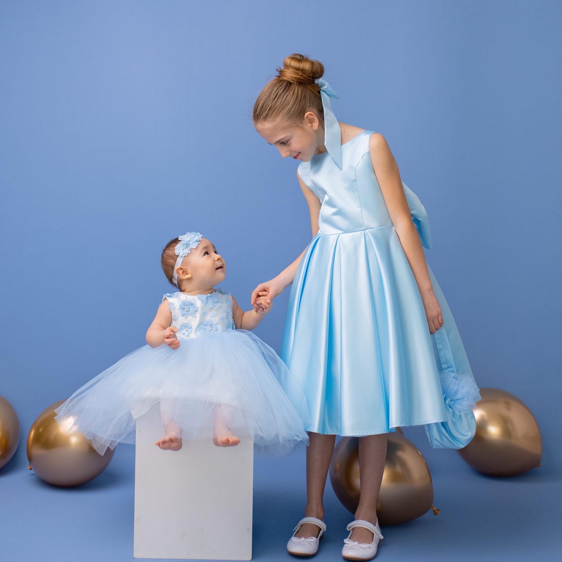 Baby Blue Satin Flower Girl Dress: V-Back Wedding Gown with Bow