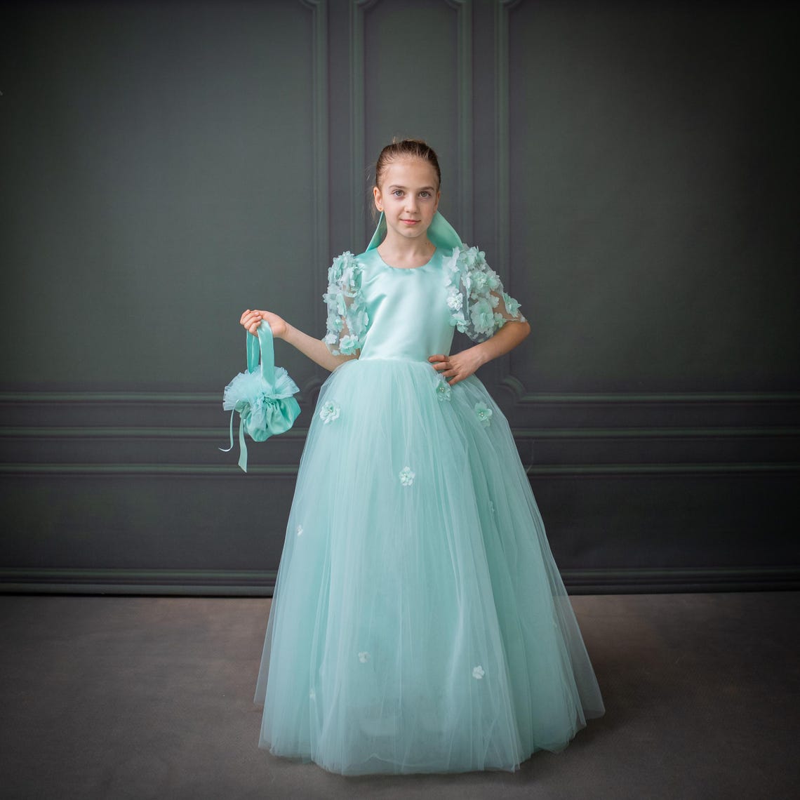 Mint Green Satin Flower Girl Dress with Flower Hairbow - Personalized Wedding Gown for Girls