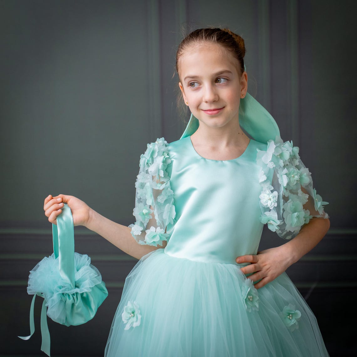 Mint Green Satin Flower Girl Dress with Flower Hairbow - Personalized Wedding Gown for Girls