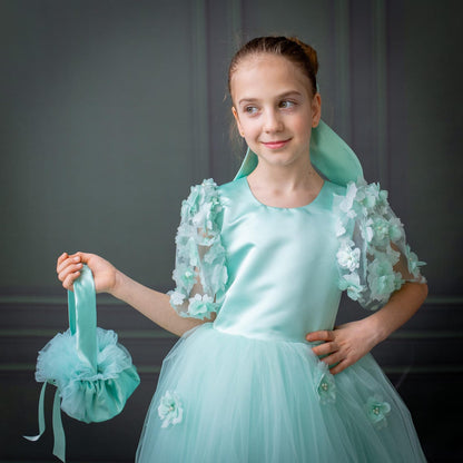 Mint Green Satin Flower Girl Dress with Flower Hairbow - Personalized Wedding Gown for Girls