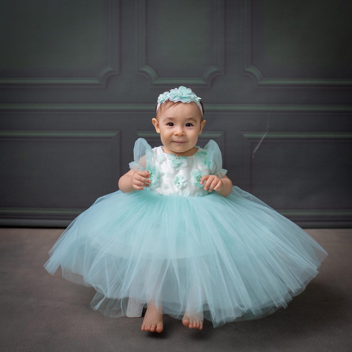 Mint Green Satin Flower Girl Dress with Flower Hairbow - Personalized Wedding Gown for Girls