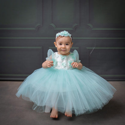 Mint Green Satin Flower Girl Dress with Flower Hairbow - Personalized Wedding Gown for Girls
