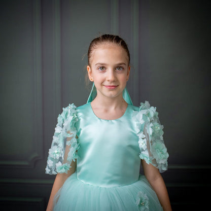 Mint Green Satin Flower Girl Dress with Flower Hairbow - Personalized Wedding Gown for Girls