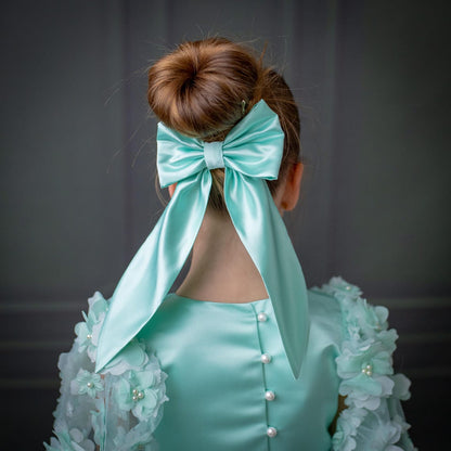 Mint Green Satin Flower Girl Dress with Flower Hairbow - Personalized Wedding Gown for Girls
