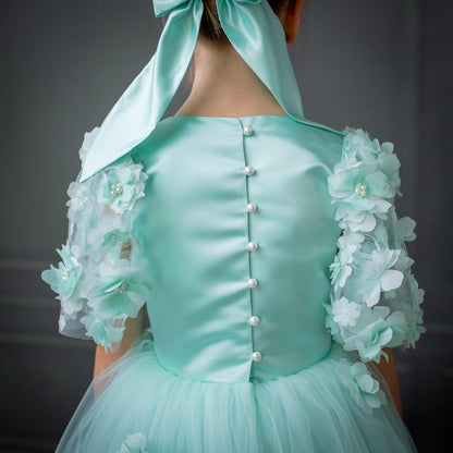 Mint Green Satin Flower Girl Dress with Flower Hairbow - Personalized Wedding Gown for Girls