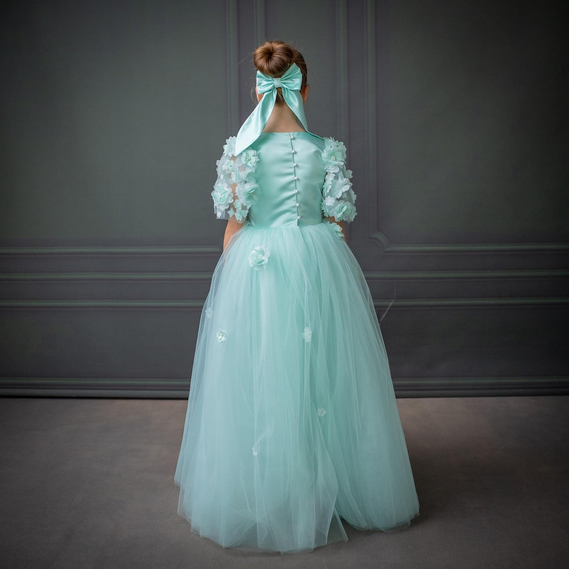 Mint Green Satin Flower Girl Dress with Flower Hairbow - Personalized Wedding Gown for Girls