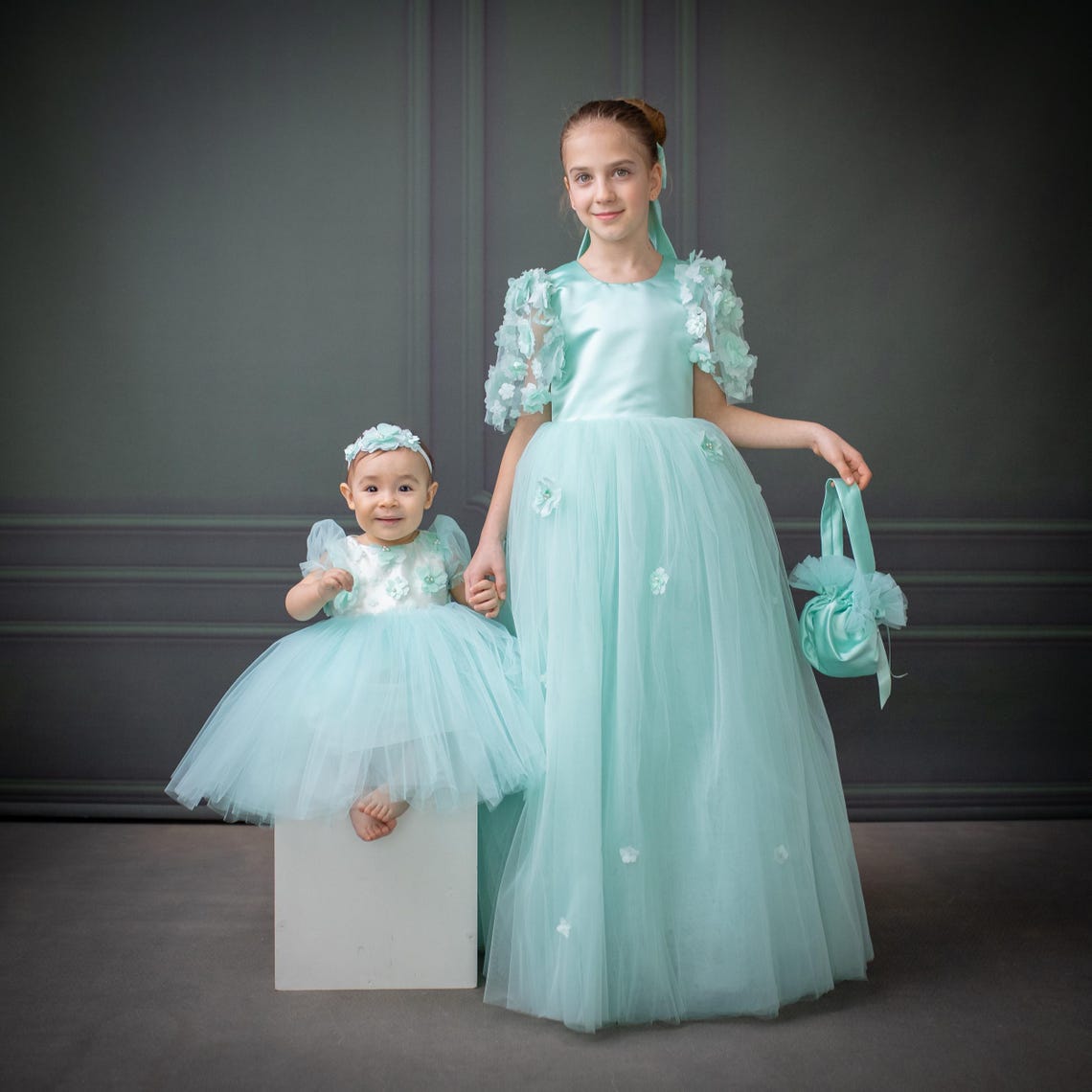 Mint Green Satin Flower Girl Dress with Flower Hairbow - Personalized Wedding Gown for Girls