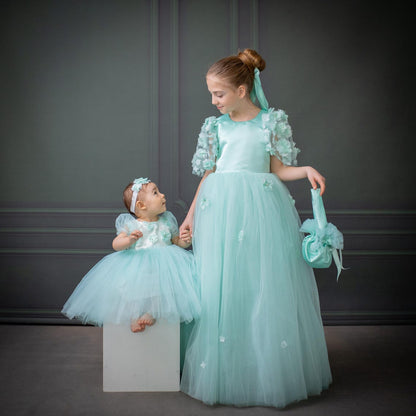 Mint Green Satin Flower Girl Dress with Flower Hairbow - Personalized Wedding Gown for Girls