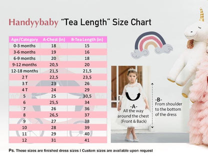 Handyybaby 'Tea Length' size chart with age, chest, and tea length measurements for various sizes.