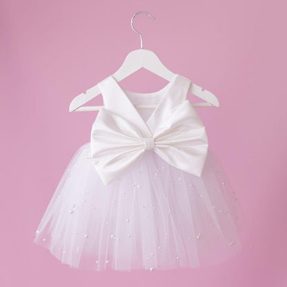 Pearl Tulle Flower Girl Dress: Satin Diaper Cover, Removable Bow