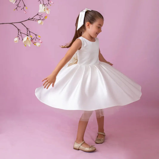 Ivory Satin Flower Girl Dress: V-Back Wedding Gown with Bow