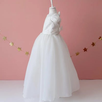 Elegant Off-White Flower Girl Dress with Pearls, Satin Bows