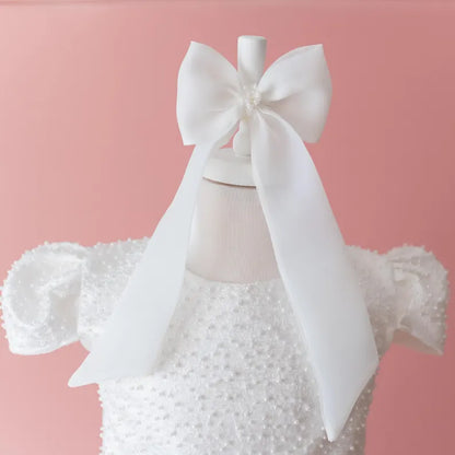 Elegant Off-White Flower Girl Dress with Pearls, Satin Bows