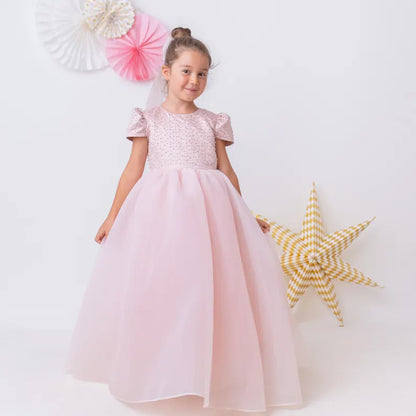 Elegant Blush Pink Flower Girl Dress with Pearls, Satin Bows