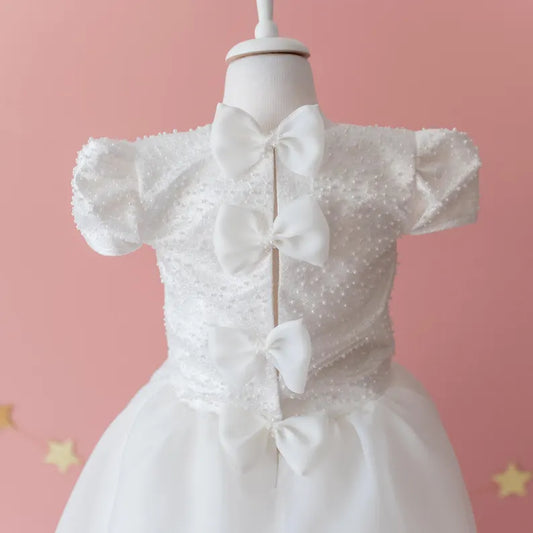 Elegant Off-White Flower Girl Dress with Pearls, Satin Bows