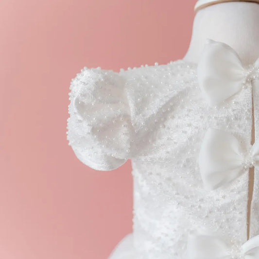 Elegant Off-White Flower Girl Dress with Pearls, Satin Bows