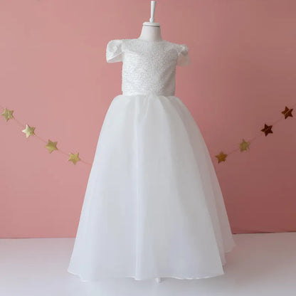 Elegant Off-White Flower Girl Dress with Pearls, Satin Bows