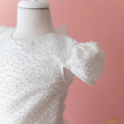 Elegant Off-White Flower Girl Dress with Pearls, Satin Bows