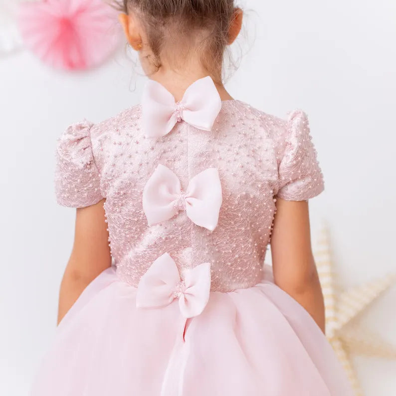 Elegant Blush Pink Flower Girl Dress with Pearls, Satin Bows – HandyyBaby