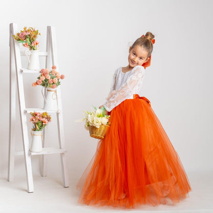 Burnt Orange Tulle Flower Girl Dress, Lace V-Back, Fall Wedding