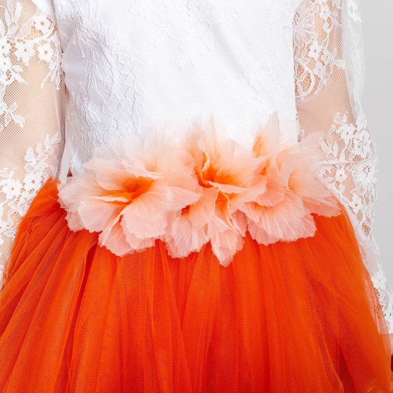 Burnt Orange Tulle Flower Girl Dress, Lace V-Back, Fall Wedding