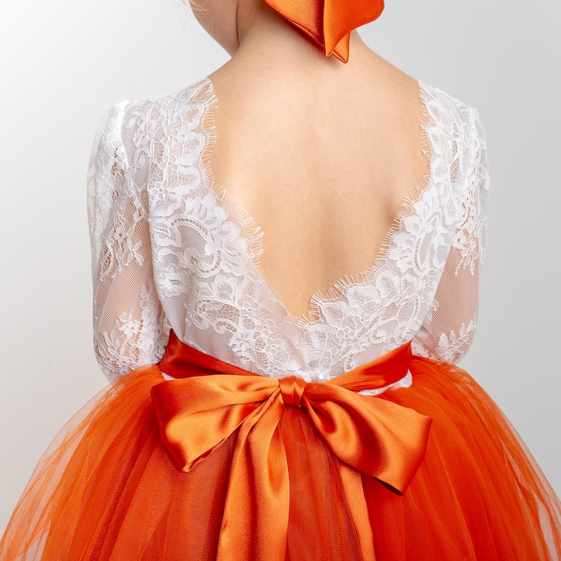 Burnt Orange Tulle Flower Girl Dress, Lace V-Back, Fall Wedding