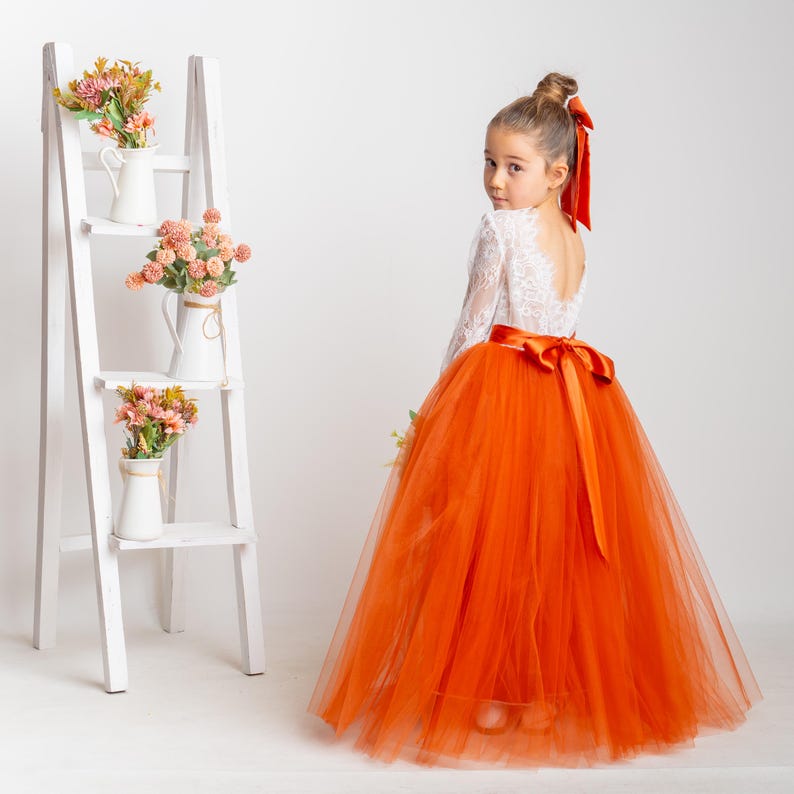 Burnt Orange Tulle Flower Girl Dress, Lace V-Back, Fall Wedding