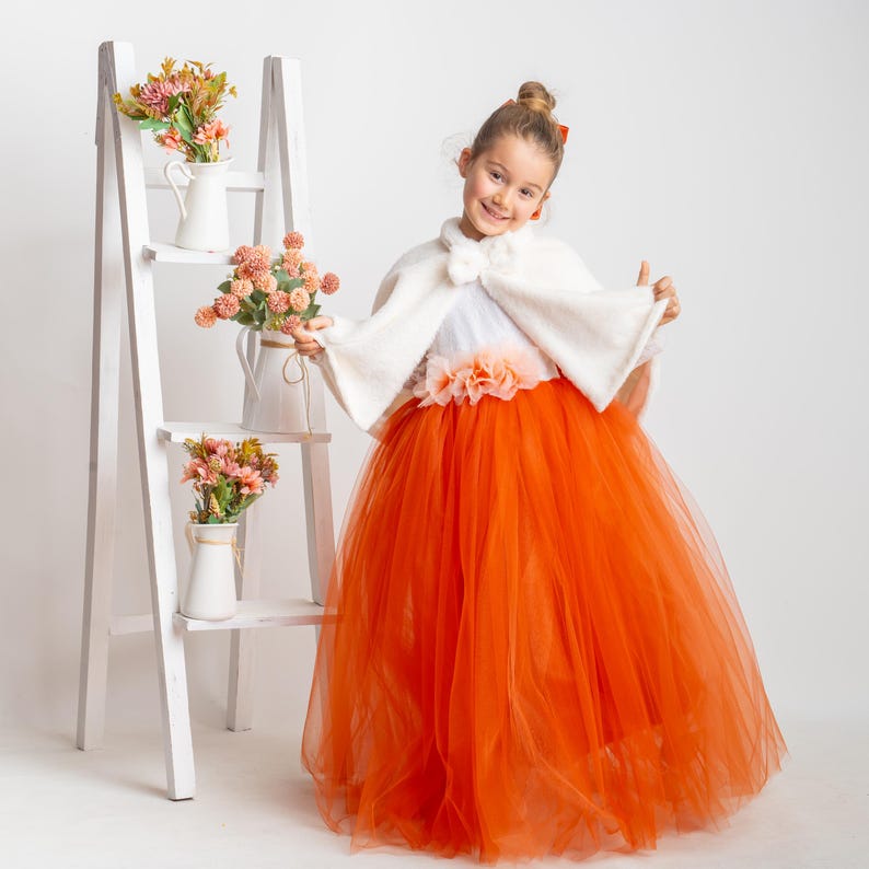 Burnt Orange Tulle Flower Girl Dress, Lace V-Back, Fall Wedding