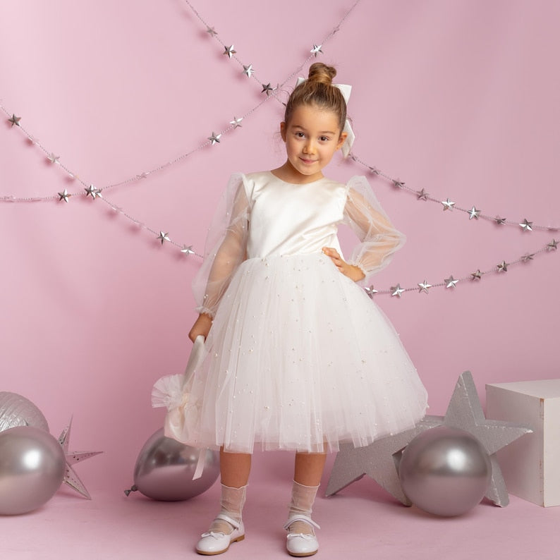 Ivory Tulle Dress: Long Sleeves