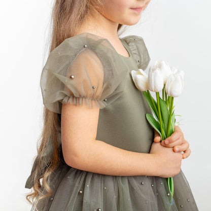 Olive Green Pearl Tulle Flower Girl Dress: Short Sleeves Satin Bodice