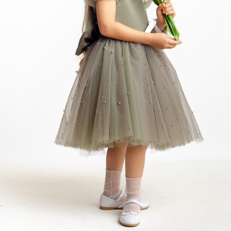 Olive Green Pearl Tulle Flower Girl Dress: Short Sleeves Satin Bodice