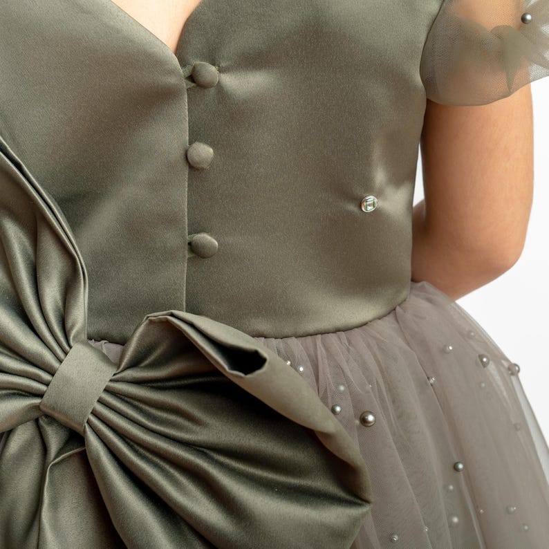 Olive Green Pearl Tulle Flower Girl Dress: Short Sleeves Satin Bodice