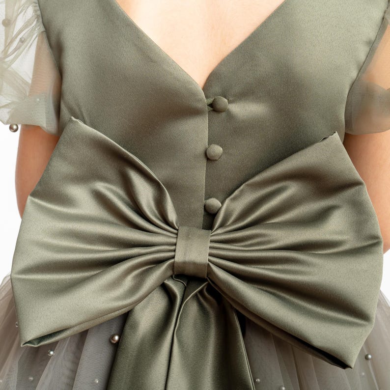 Olive Green Pearl Tulle Flower Girl Dress: Short Sleeves Satin Bodice