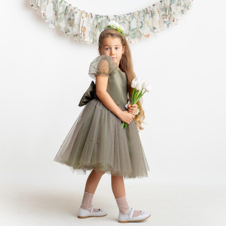 Olive Green Pearl Tulle Flower Girl Dress: Short Sleeves Satin Bodice