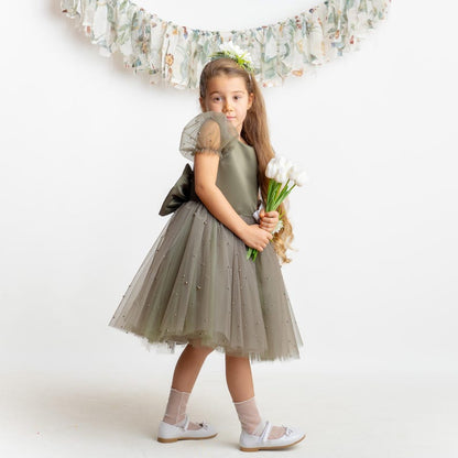 Olive Green Pearl Tulle Flower Girl Dress: Short Sleeves Satin Bodice