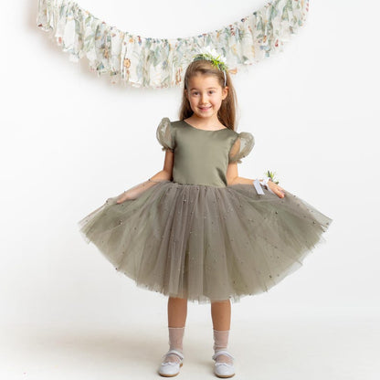Olive Green Pearl Tulle Flower Girl Dress: Short Sleeves Satin Bodice
