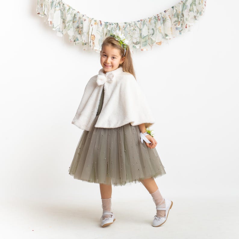 Olive Green Pearl Tulle Flower Girl Dress: Short Sleeves Satin Bodice