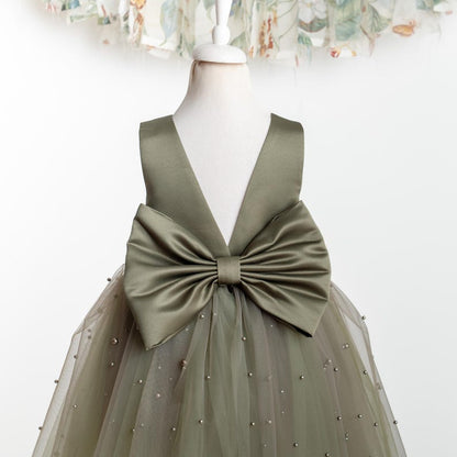 Olive Green Tulle Flower Girl Dress with Pearl Accents for Wedding, Party & Communion