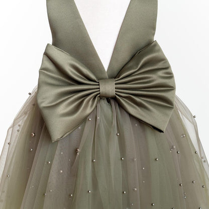 Olive Green Tulle Flower Girl Dress with Pearl Accents for Wedding, Party & Communion