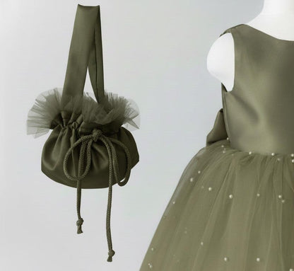 Olive Green Tulle Flower Girl Dress with Pearl Accents for Wedding, Party & Communion