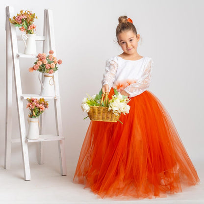 Burnt Orange Tulle Flower Girl Dress, Lace V-Back, Fall Wedding