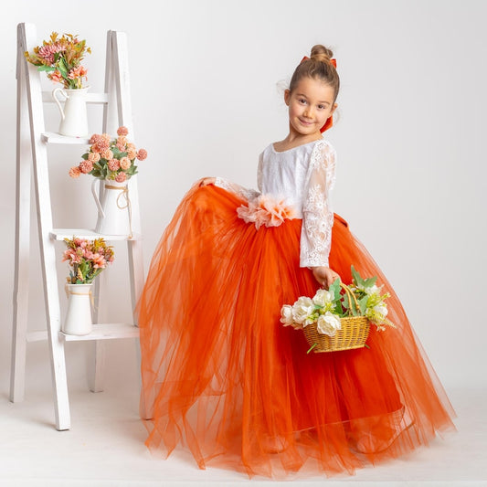 Burnt Orange Tulle Flower Girl Dress, Lace V-Back, Fall Wedding