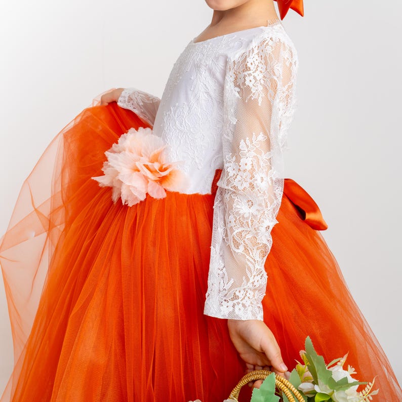 Burnt Orange Tulle Flower Girl Dress, Lace V-Back, Fall Wedding