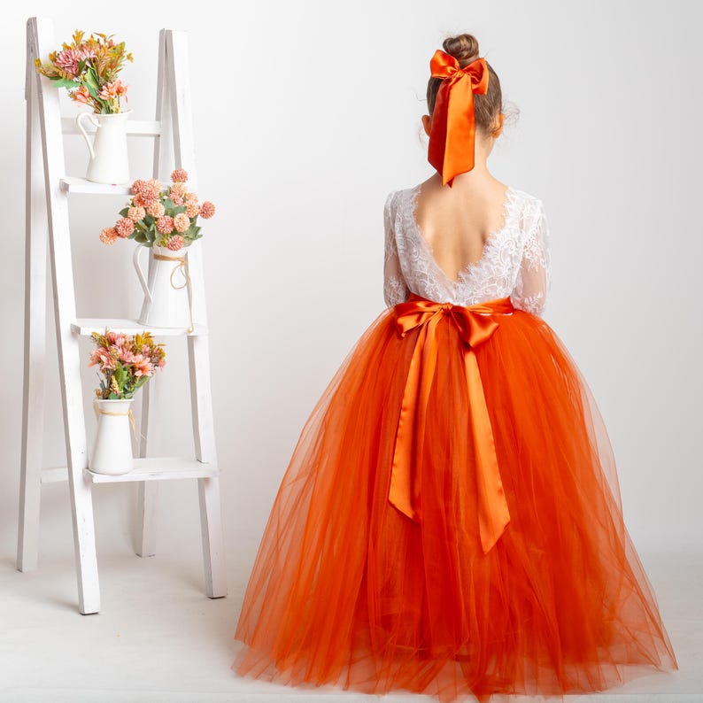 Burnt Orange Tulle Flower Girl Dress, Lace V-Back, Fall Wedding