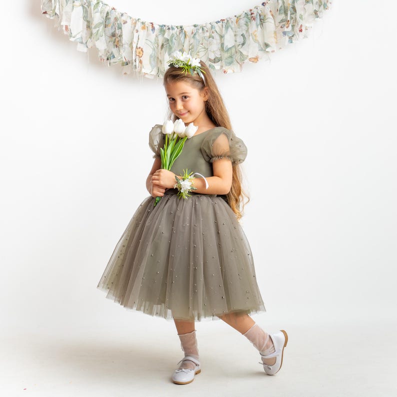 Olive Green Pearl Tulle Flower Girl Dress: Short Sleeves Satin Bodice