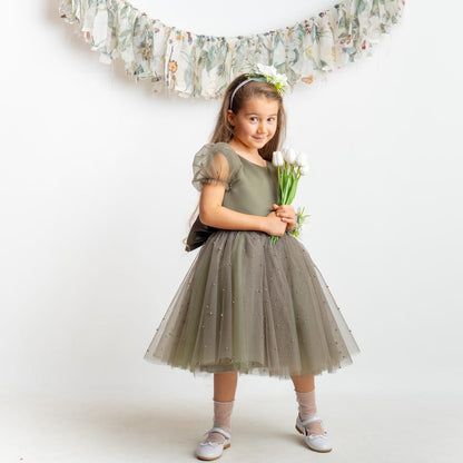 Olive Green Pearl Tulle Flower Girl Dress: Short Sleeves Satin Bodice