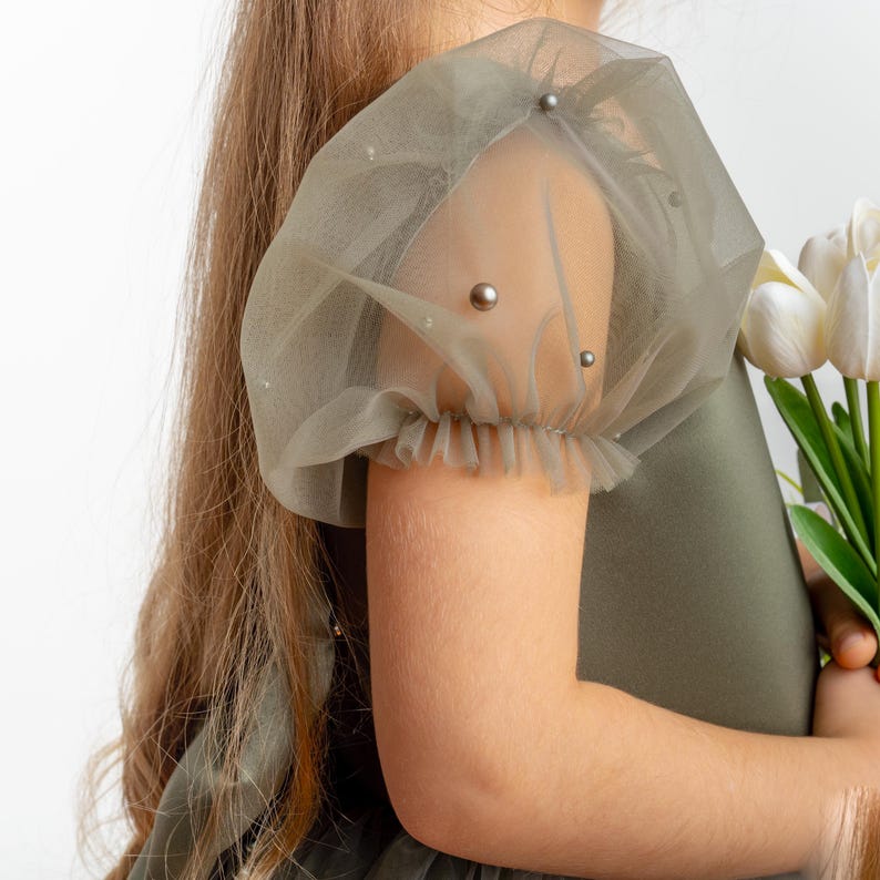 Olive Green Pearl Tulle Flower Girl Dress: Short Sleeves Satin Bodice