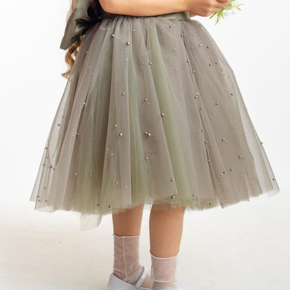 Olive Green Pearl Tulle Flower Girl Dress: Short Sleeves Satin Bodice