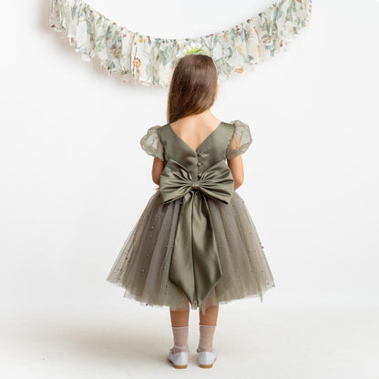 Olive Green Pearl Tulle Flower Girl Dress: Short Sleeves Satin Bodice