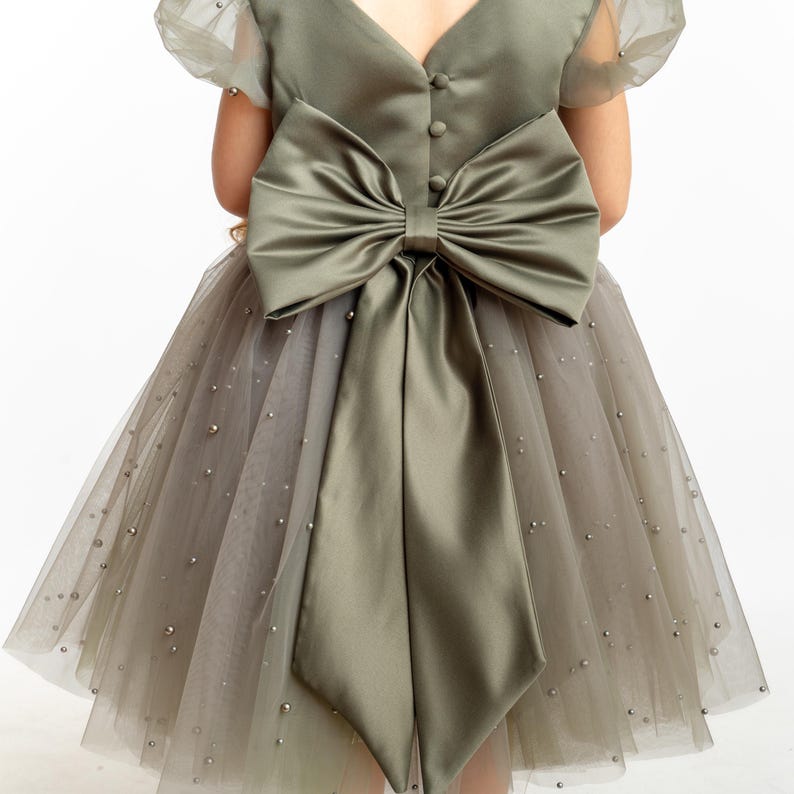 Olive Green Pearl Tulle Flower Girl Dress: Short Sleeves Satin Bodice